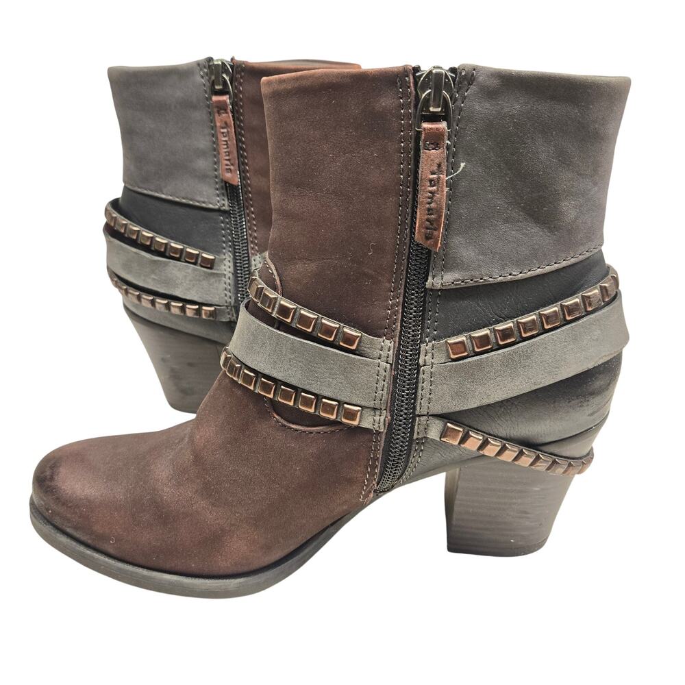 Tamaris Studded Harness Boot Leather Nubuck Colorblock EU 38 US 7.5 Moto Western - Picture 2 of 15